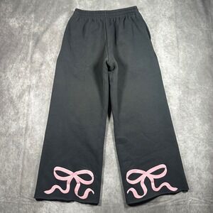Edikted Charcoal Grey Pink Bow Wide Leg Sweatpants XS Raw Hem Coquette Y2K